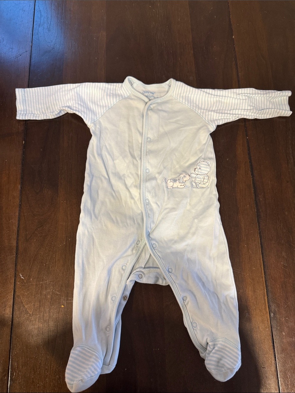 Little Me Light Blue Footed Baby One-Piece with Striped Sleeves